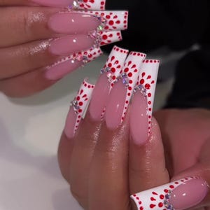 Luxury custom nails/free style/ long nails/ party nails/red white nails/classy nails/french tip nails/trendy nails/cute nails/mexican design