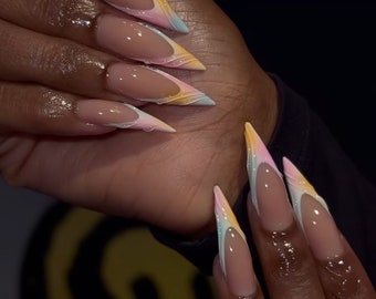 Luxury custom nails/ free style/ long nails/ pastel rainbow nails/ 3D gel nails/flower nails/ trendy nails/cute nails/ almond stiletto nails