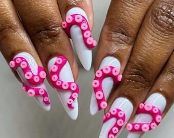 Luxury 3D Gel Press On Nails: Octopus Tentacle White Nail Art