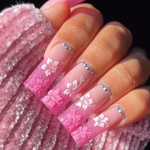 Luxury custom nails/pink nails/long nails/ party nails/ombre nails/glitter nails/french tip nails/Hawaiian flower hibiscus nails/summer nail