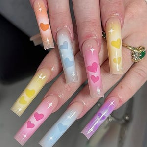 Rainbow Aura Press On Nails: Pastel Ombre Heart Design