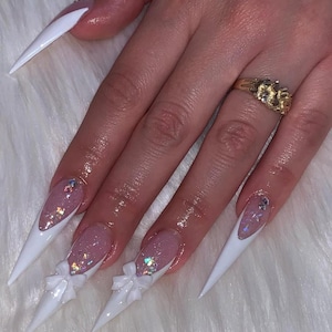Luxury White Press On Nails: Long Stiletto, Glitter Bow, French Tip