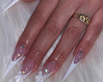 Luxury White Press On Nails: Long Stiletto, Glitter Bow, French Tip