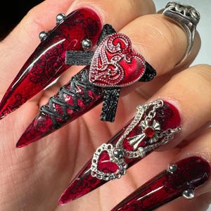 Gothic Emo Press On Nails: Silver Charms, Lace, Metallic Chains