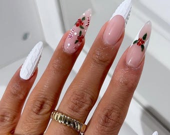 Luxury Press On Nails: White Snowflake Christmas Holiday Nails