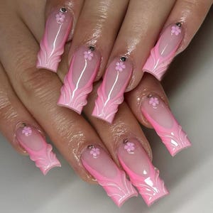 Luxury custom nails/ free style/ long nails/ pink french nails/3D flower gel nails/trendy nails/ cute nails/ombre nails/pink white nails