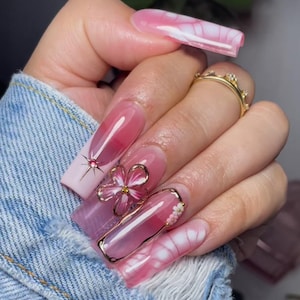 Luxury custom nails/ free style/ long nails/ fairy garden nails/ 3D gel flower nails/french tip nails/ pink nails/gold chrome nails