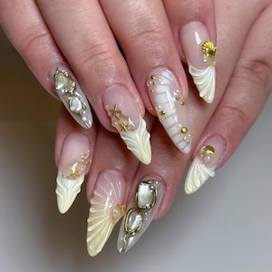 Luxury Press On Nails: Butter Yellow French Tip with Gold Charm & 3D Gel