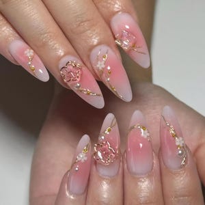 Luxury Press On Nails: Fairy Garden Blossom, Pink Aura Ombre