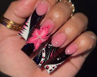 Uñas postizas de lujo: diseño negro, rosa aura, plateado, punk Y2K y negro