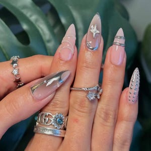 Luxury Press On Nails: Silver Chrome, French Tip, Almond Stiletto