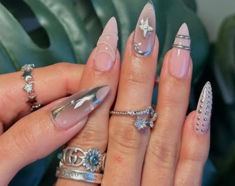 Luxury Press On Nails: Silver Chrome, French Tip, Almond Stiletto