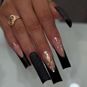 Luxury custom nails/ free style/ long nails/ party nails/ glitter nails/black nails/french tip nails/ trendy nails/bling nails/ square nails