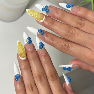 Luxury Press On Nails: White French Tip with 3D Fruit
