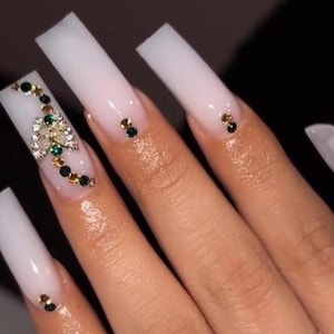 Luxury custom nails/ free style/ long nails/ party nails/butterfly charm/milky white nails/ trendy nails/bling cute nails/ square nail