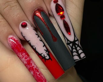 Uñas postizas de lujo para Halloween: goteo de sangre espeluznante, cara de fantasma, grito de terror