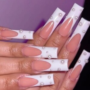 Luxury custom nails/ free style/ long nails/ party nails/white nails/ pearl nail/french tip nails/ trendy nails/ cute nails/square nail