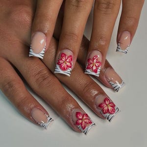 Luxury custom nails/free style/long nails/funky y2k 2000s nails/zebra print nails/black and white nails/3d gel flower nails/ french tip nail