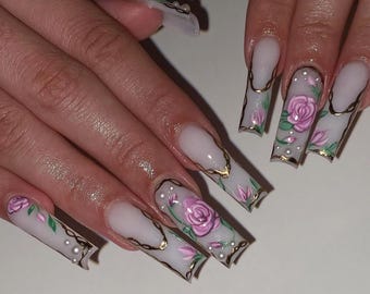 Luxury Press On Nails: Milky White, Gold Chrome & Porcelain Flower