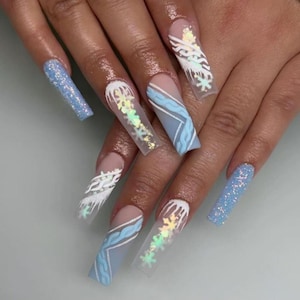 Luxury custom nails/long short nails/ Christmas nails/blue nails/new year nails/ December nails/holiday nails/red candy cane/sweater nails