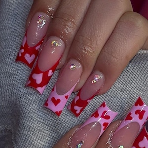 Luxury custom nails/free style/ long nails/heart nails/ love nails/ valentines day nails/ cute nails/ red nails/pink nails/frenchtip nails