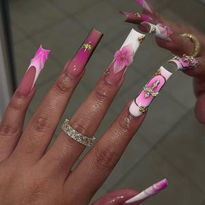 Luxury custom nails/ free style/ long nails/ fairy garden nails/ 3D gel flower nails/french tip nails/ pink nails/gold chrome nails