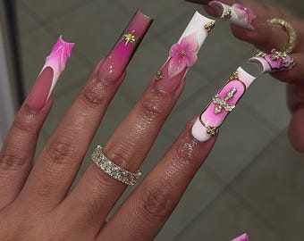 Uñas postizas de lujo con flores 3D: uñas largas personalizadas de jardín de hadas en rosa