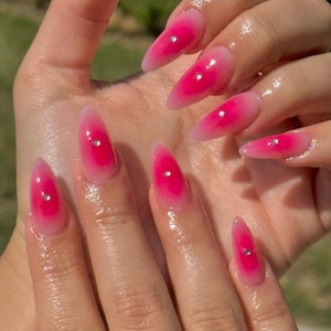 Luxury Pink Ombre Stiletto Press On Nails: Custom Rhinestone Nail Art