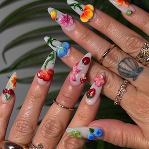 Luxury custom nails free style/ long nails/ garden fairy nails/ 3D gel flower nails/ladybug nails/summer spring nails/trendy nails/butterfly