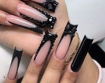Luxury custom nails/ free style/ long nails/ party nails/ black nails/ classy nails/french tip nails/ trendy nails/ cute nails/ square nails