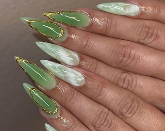 Luxury Green Jade Press On Nails: Gold Chrome, 3D Gel, Marble