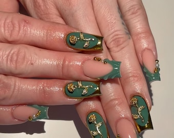 3D Flower Press On Nails: Gold Chrome French Tip, Dark Green Party Nails