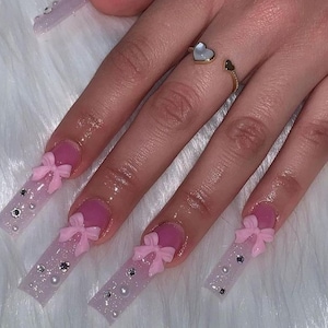 Luxury custom nails/ free style/ long nails/pink nails/kawaii nails/bow charm nails/french tip nails/trendy nails/cute nails coquette nails
