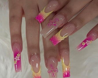 Luxury custom nails/ free style/ long nails/ pastel nails/summer nails/pink nails/yellow  nails/ cute nails/ square nails/ french tip nails