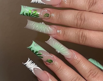 Luxury Press On Nails: Y2K 3D Gel, Long Square green French Tip