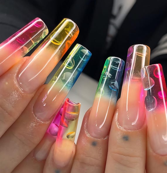 Funky Y2K Press On Nails: Long Colorful square, rainbow ombre, bubble nails