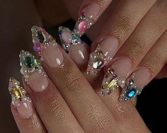Luxury Press On Nails: Gold Pearl Charm, Party Bling