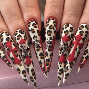 Gothic Emo Press On Nails: Silver Charms, Red Black Cheetah Print