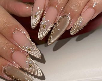 Luxury Gold Accent Press-On Nails: Custom Stiletto Almond