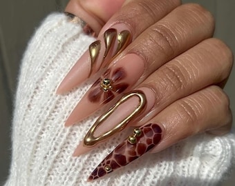 Luxury custom nails/ free style/ long nails/ party nails/gold chrome nails/ 3D gel nails/ trendy nails/ cute nails/almond nails