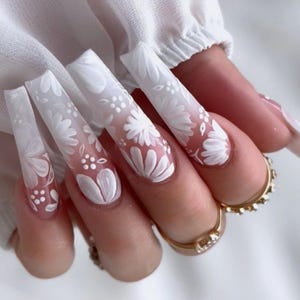 Luxury custom nails/ free style/ long nails/ party nails/ 3D gel flower/white nails/ trendy nails/ cute nails/ french tip nail/ wedding nail