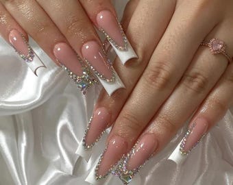 Luxury custom nails/ free style/ long nails/ party nails/fancy nails/bling rhinestone nails/white French tip rhinestone/ cute trendy nails