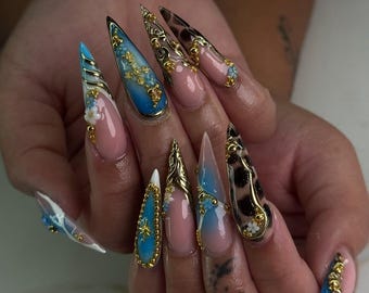 Luxury Blue  Gold Chrome Press-On Nails: Custom Stiletto Almond