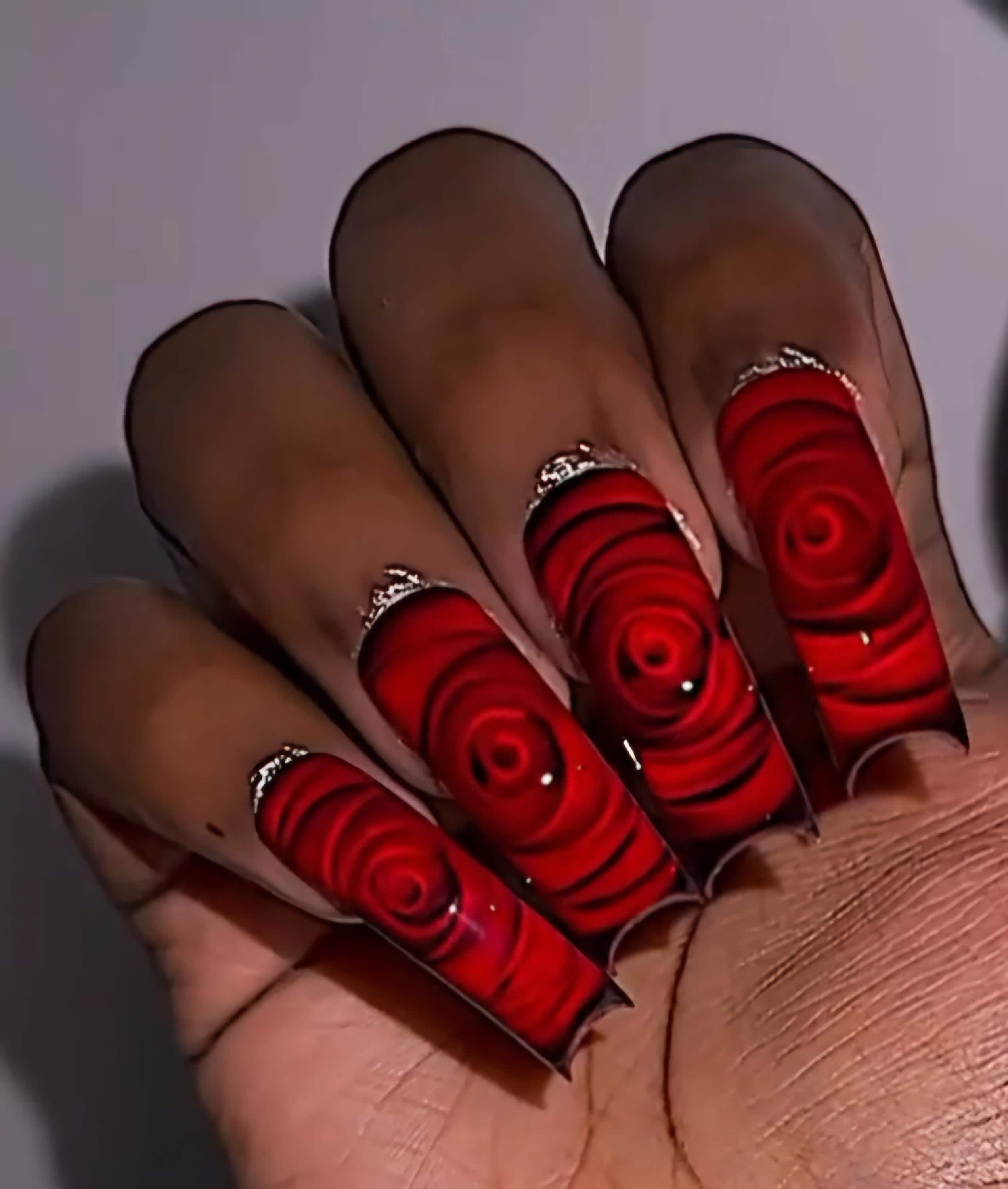 Luxury Press On Nails: Red elegant rose nail art