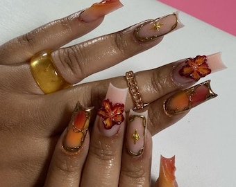 Luxury custom nails/free style/long nails/party nails/gold chrome nails/french tip nails/trendy nails/cute nails/square nails/3D gel flower