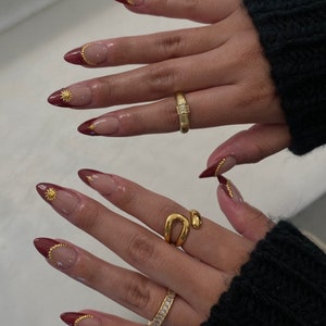 Luxury custom nails/ free style/ long nails/red nails/gold charm nails / trendy nails/ cute nails/ square  nails/french tip nails/fancy nail