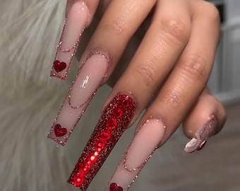 Luxury Press On Nails: Red Glitter Hearts, Long French Tip, valentines day nails