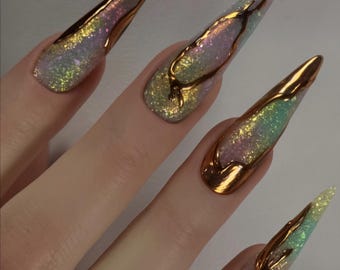 Luxury Custom Press-On Nails: Glitter Rainbow, Gold Chrome, Reusable