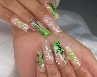 Luxury Green Vine Press On Nails: Custom 3D Gel Square Nails