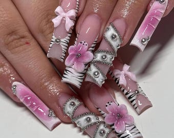 Luxury Press On Nails: Y2K Pink Zebra Charm Nails